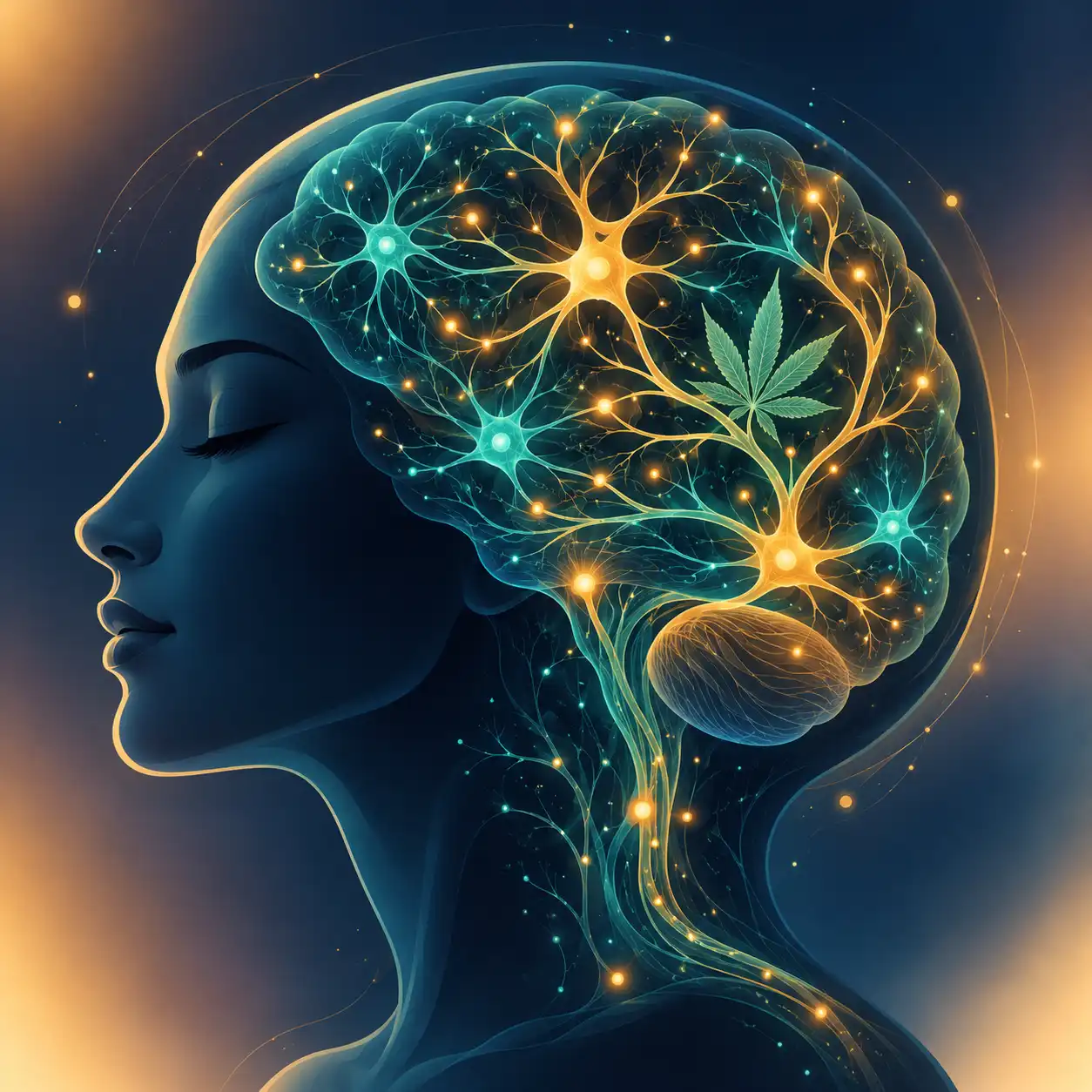 Neural network illustration in a head silhouette with cannabis leaf, representing Northwestern research on THC and anxiety