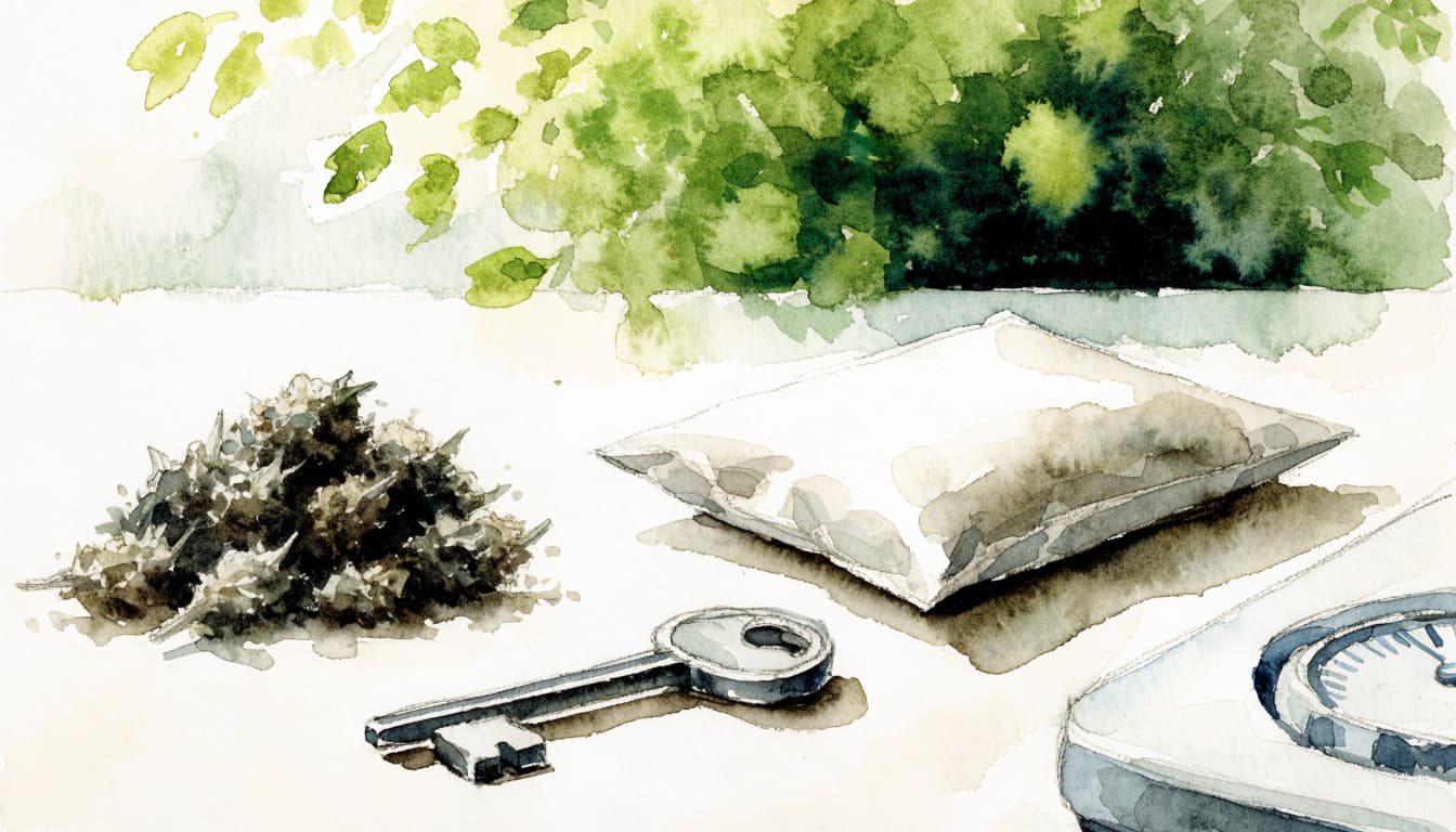 A paper pouch, dried cannabis, key, and small scale on a tabletop.