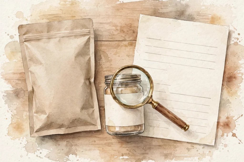 Watercolor illustration of a magnifying glass over a blank product label beside a lab report sheet
