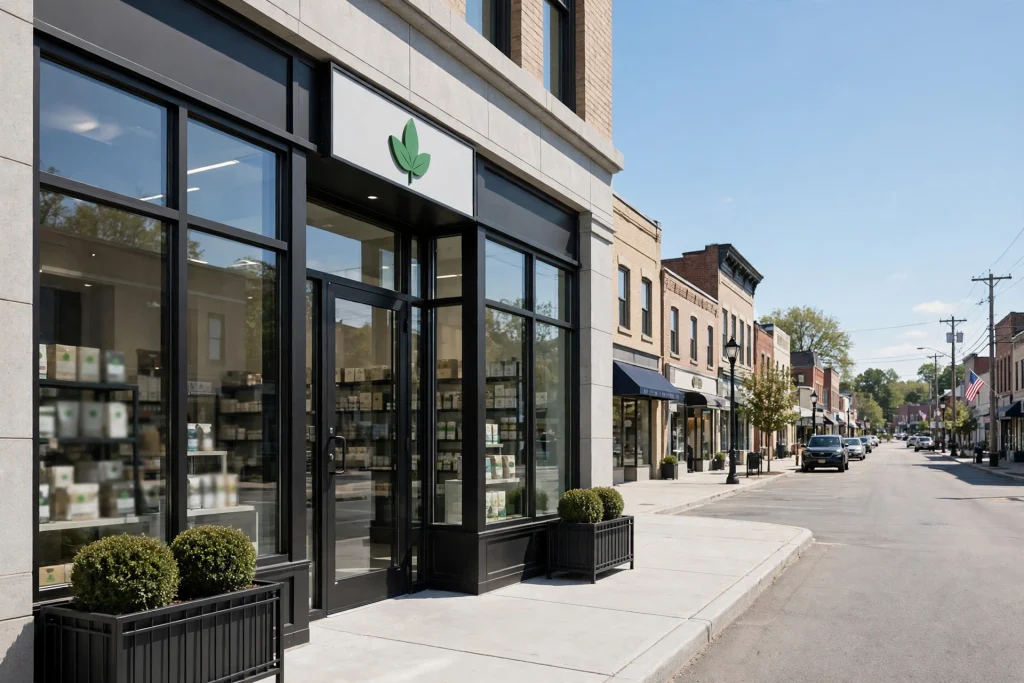 Licensed cannabis dispensary storefront in New York on a clear day