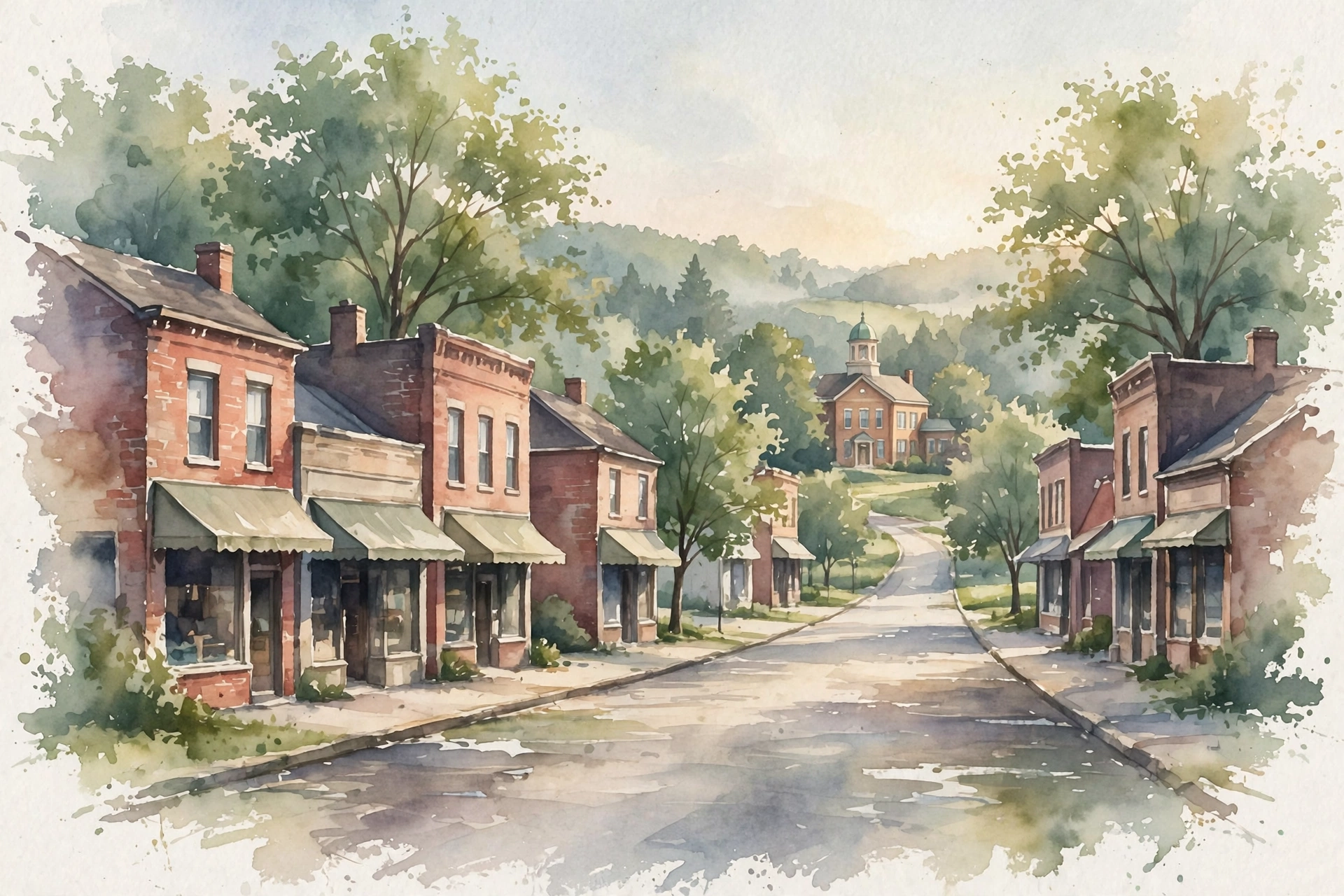 Watercolor illustration of a small-town main street with storefronts and a school in the distance
