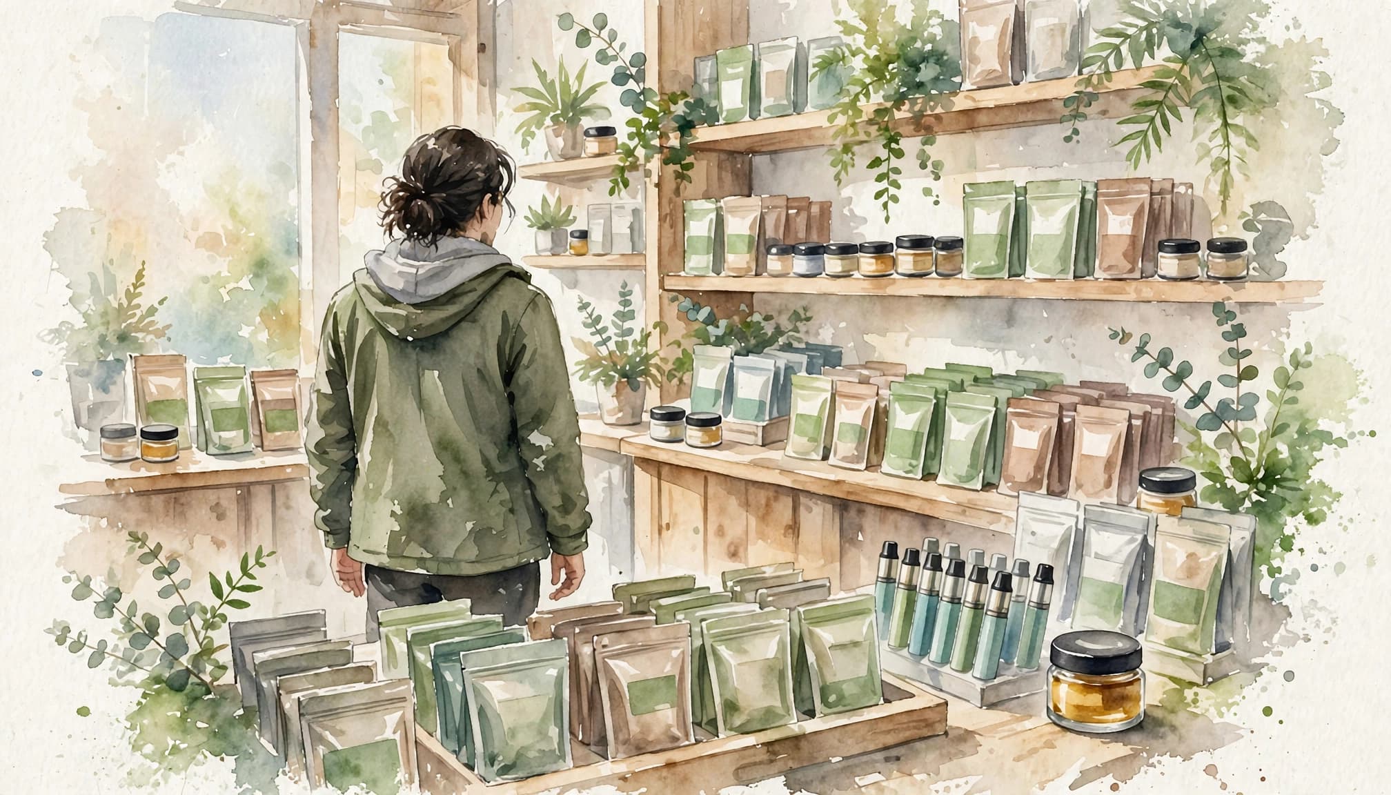 Shopper browsing sealed cannabis products on shelves at a Capital Region dispensary