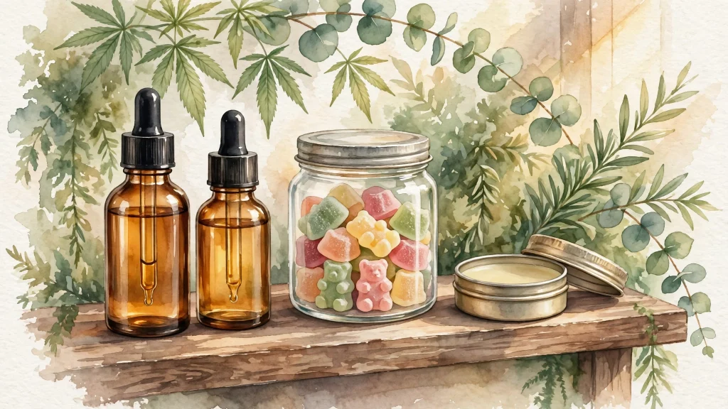 Watercolor illustration of CBD tincture bottles, a jar of CBD gummies and a balm tin on a wooden shelf