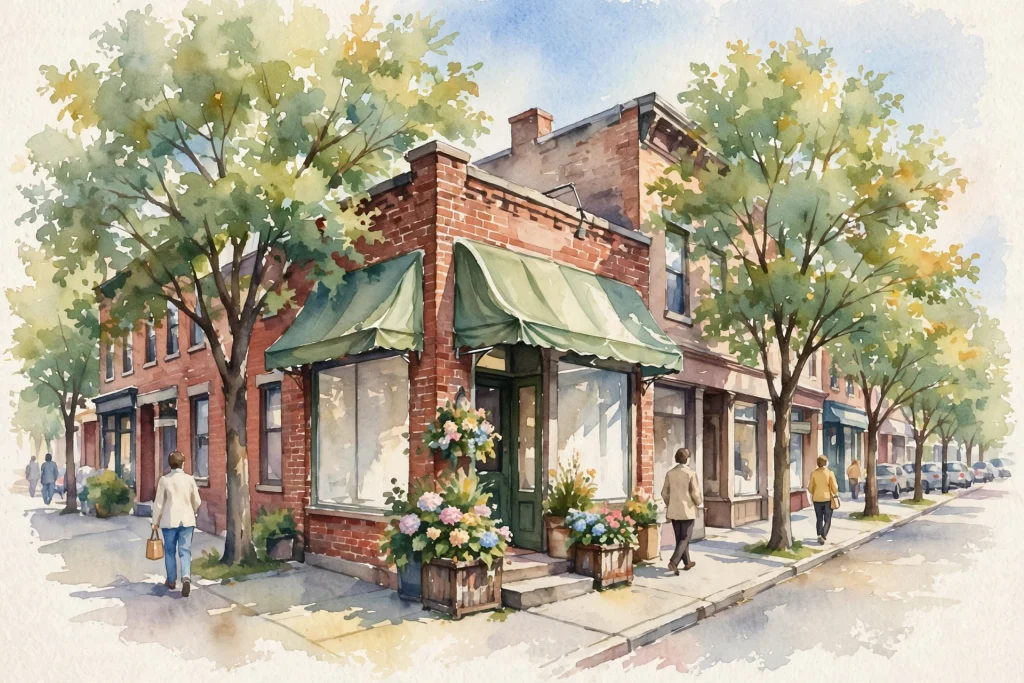 Watercolor illustration of a welcoming storefront on a tree-lined main street in Schenectady