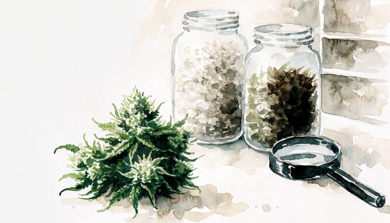 Green cannabis buds, botanical jars, and a hand lens arranged on a counter.