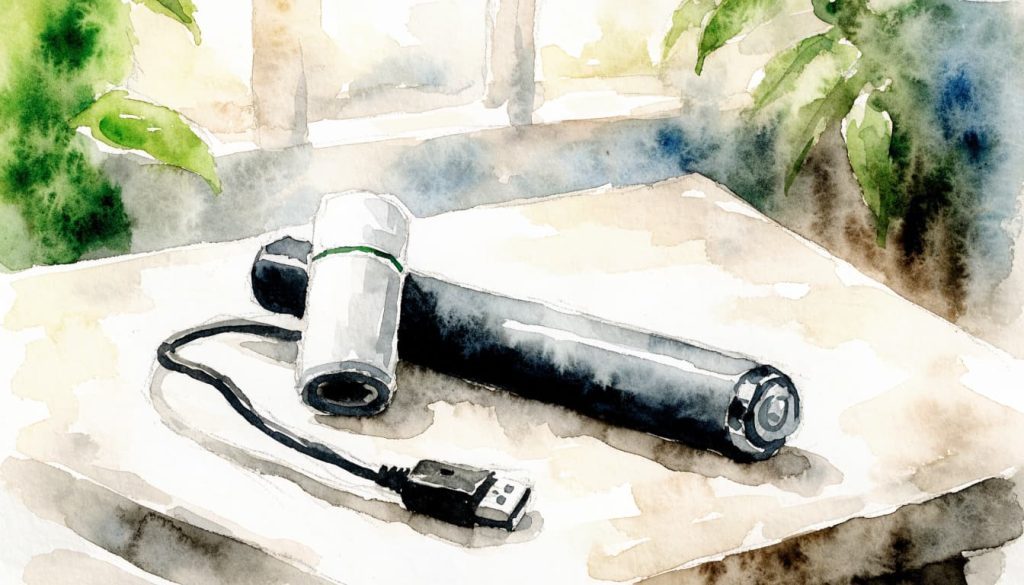 Watercolor painting of a vape pen, cartridge, and USB cable on a stone table.