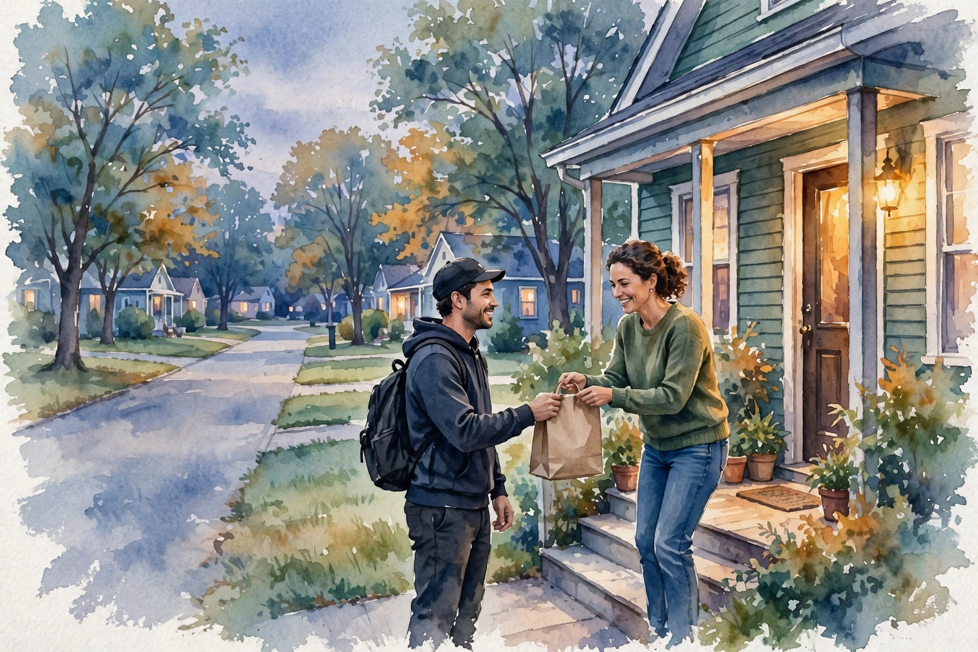 Watercolor illustration of a discreet delivery being handed over at a Schenectady home's front door